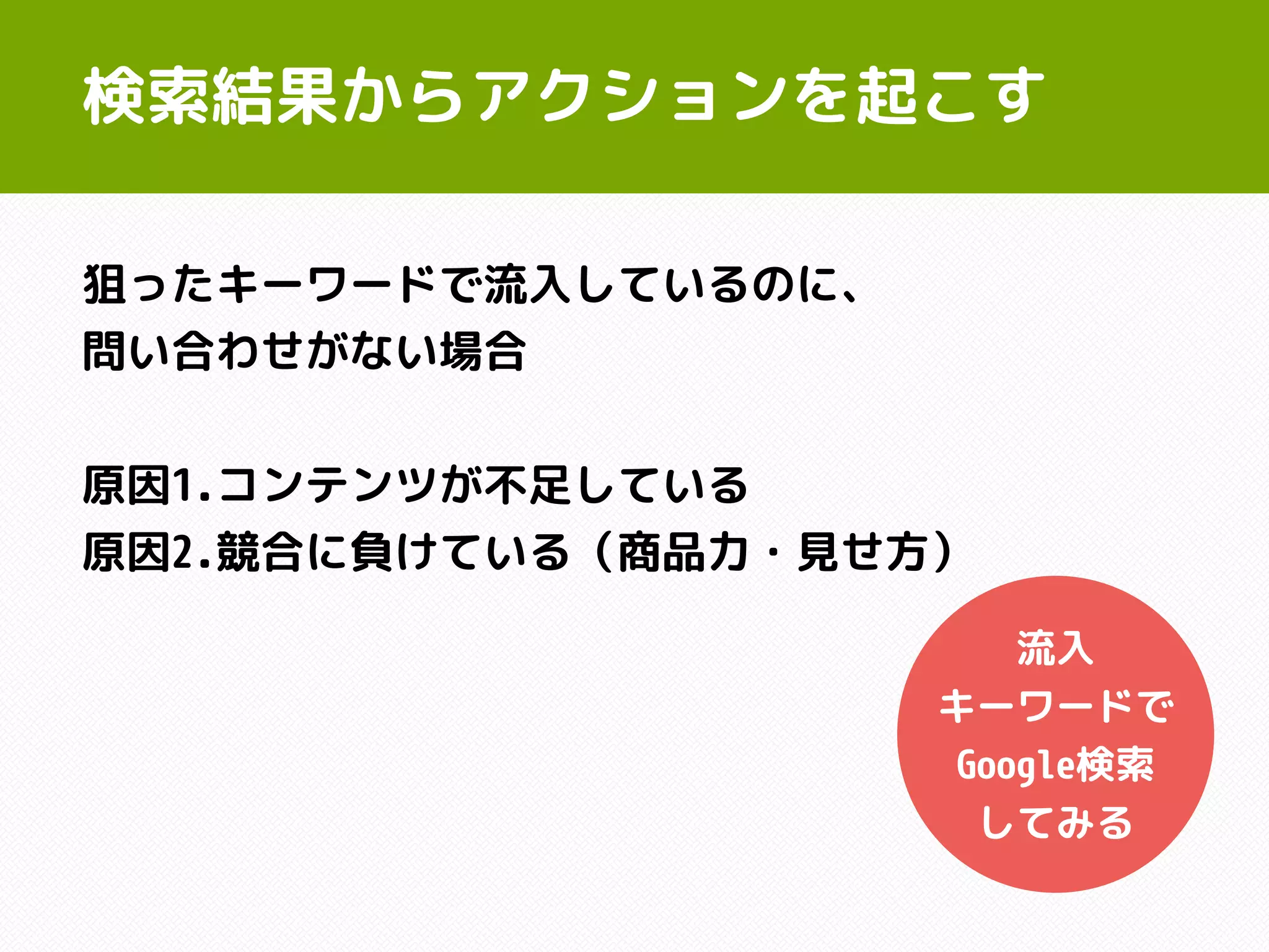検索結果からアクションを起こす
狙ったキーワードで流入しているのに、
問い合わせがない場合
原因1.コンテンツが不足している
原因2.競合に負けている（商品力・見せ方）
流入
キーワードで
Google検索
してみる
 