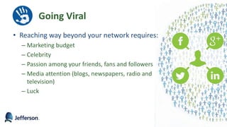 • Reaching way beyond your network requires:
– Marketing budget
– Celebrity
– Passion among your friends, fans and followers
– Media attention (blogs, newspapers, radio and
television)
– Luck
Going Viral
24
 