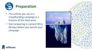 Preparation
• The activity you see in a
crowdfunding campaign is a
fraction of the total work
• Start preparing in earnest 30 to
60 days before you launch your
campaign
28
 