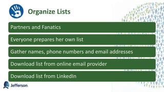 Partners and Fanatics
Everyone prepares her own list
Gather names, phone numbers and email addresses
Download list from online email provider
Download list from LinkedIn
Organize Lists
33
 