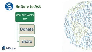 Be Sure to Ask
Ask viewers
to:
Donate
Share
42
 