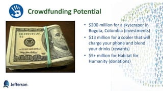 Crowdfunding Potential
• $200 million for a skyscraper in
Bogota, Colombia (investments)
• $13 million for a cooler that will
charge your phone and blend
your drinks (rewards)
• $5+ million for Habitat for
Humanity (donations)
8
 