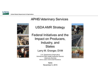 USDA AMR Strategy
Federal Initiatives and the
Impact on Producers,
Industry, and
States
Larry M. Granger, DVM
U.S. Department of Agriculture
Animal and Plant Health Inspection Service
Veterinary Services
Senior Leader, Antimicrobial Resistance
NIAA
November 5, 2015
APHISVeterinary Services
 