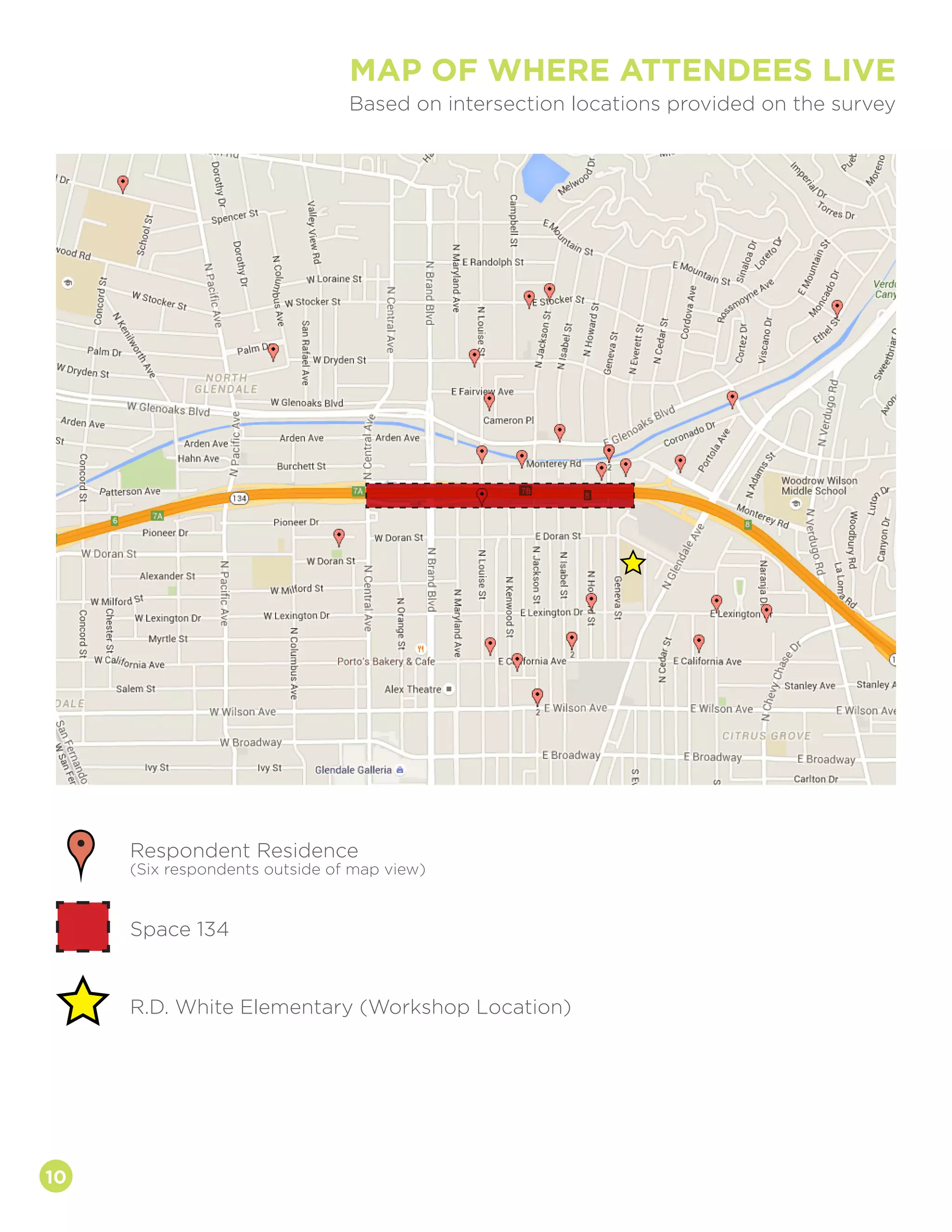 10
MAP OF WHERE ATTENDEES LIVE
Based on intersection locations provided on the survey
Respondent Residence
(Six respondents outside of map view)
Space 134
R.D. White Elementary (Workshop Location)
 