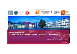 Analyze Genomes:
A Federated In-Memory Database System For Life Sciences
Dr. Matthieu-P. Schapranow
HPI Future SOC Lab Day, Potsdam, Germany
Nov 4, 2015
Generously supported by
 