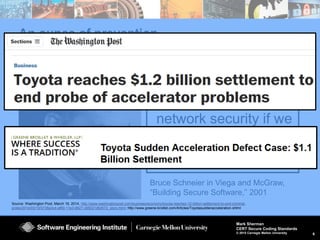 6
Mark Sherman
CERT Secure Coding Standards
© 2015 Carnegie Mellon University
An ounce of prevention ….
“We wouldn't have to
spend so much time,
money, and effort on
network security if we
didn't have such bad
software security.”
Bruce Schneier in Viega and McGraw,
“Building Secure Software,” 2001
Source: Washington Post, March 19, 2014, http://www.washingtonpost.com/business/economy/toyota-reaches-12-billion-settlement-to-end-criminal-
probe/2014/03/19/5738a3c4-af69-11e3-9627-c65021d6d572_story.html; http://www.greene-broillet.com/Articles/Toyotasuddenacceleration.shtml
 