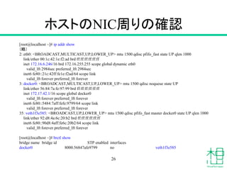 ホストのNIC周りの確認
[root@localhost ~]# ip addr show
（略）
2: eth0: <BROADCAST,MULTICAST,UP,LOWER_UP> mtu 1500 qdisc pfifo_fast state UP qlen 1000
link/ether 00:1c:42:1e:f2:ad brd ff:ff:ff:ff:ff:ff
inet 172.16.6.246/16 brd 172.16.255.255 scope global dynamic eth0
valid_lft 2984sec preferred_lft 2984sec
inet6 fe80::21c:42ff:fe1e:f2ad/64 scope link
valid_lft forever preferred_lft forever
3: docker0: <BROADCAST,MULTICAST,UP,LOWER_UP> mtu 1500 qdisc noqueue state UP
link/ether 56:84:7a:fe:97:99 brd ff:ff:ff:ff:ff:ff
inet 172.17.42.1/16 scope global docker0
valid_lft forever preferred_lft forever
inet6 fe80::5484:7aff:fefe:9799/64 scope link
valid_lft forever preferred_lft forever
35: veth1f3e585: <BROADCAST,UP,LOWER_UP> mtu 1500 qdisc pfifo_fast master docker0 state UP qlen 1000
link/ether 92:d8:4a:6c:20:b2 brd ff:ff:ff:ff:ff:ff
inet6 fe80::90d8:4aff:fe6c:20b2/64 scope link
valid_lft forever preferred_lft forever
[root@localhost ~]# brctl show
bridge name bridge id STP enabled interfaces
docker0 8000.56847afe9799 no veth1f3e585
26
 