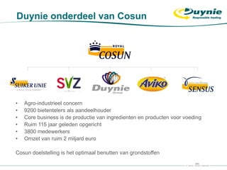 Duynie onderdeel van Cosun
• Agro-industrieel concern
• 9200 bietentelers als aandeelhouder
• Core business is de productie van ingredienten en producten voor voeding
• Ruim 115 jaar geleden opgericht
• 3800 medewerkers
• Omzet van ruim 2 miljard euro
Cosun doelstelling is het optimaal benutten van grondstoffen
 