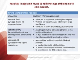 Rezultati i negocimit mund të ndikohet nga ambienti në të
cilin mbahet.
TIPET E LOKACIONIT PËR NEGOCIM
LOKACIONI FAKTORËT PËR TI KONSIDERUAR
VEND SHTËPIE
Zyre apo dhomë në
organizatën tuaj.
• Lehtë për të organizuar ndërhyrje strategjike.
• Vështirë për t’ju shmangur ndërhyrjeve të pa-
planfikuara.
• Lehtë për të thirrë ekspertët e juaj të shtëpisë.
VEND NEUTRAL
Zyra e palës së tretë, ose
dhomë publike e marrur me
qira.
• Asnjëra palë nuk ka përparësi për arsye të mos-
njohjes së lokacionit.
• Të dyja palët duhet ti sjellin ekspertat e tyre dhe
çfarëdo materiale të temës që nevojiten.
VEND JASHTË
Zyre ose dhomë e palës
negociuese.
• Mos-njohja e ambientit mund të shkaktojë
problem.
• Ju nuk keni kontrollë mbi logjistikën.
• Ju mund ta vononi procesin duke thënë se duhet
të konsultoheni me dikë në zyren tuaj.
Management Development Associates LLC 11
 