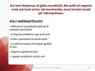 Kur keni eksploruar të gjitha mundësitë, dhe palët në negocim
ende nuk kanë arritur një marrëveshje, mund të ketë nevojë
për ndërmjetësues.
ROLI I NDËRMJETËSUESIT
• Ndihmon ti vej përballë palët që të
kuptojnë njera-tjetrë
• E shqyrton problemin nga secila anë
• Është i paanshëm në secilën kohë
• Ju ndihmon palëve të krijojnë zgjidhje
të tyre
• Sygjeron zgjidhje të tjera
• I spjegon problemin secilës anë
Management Development Associates LLC 26
 