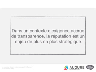 Le nouveau dircom, entre message et influence
19 novembre 2015
Dans un contexte d’exigence accrue
de transparence, la réputation est un
enjeu de plus en plus stratégique
 
