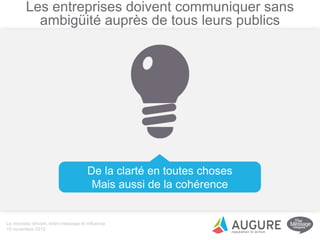 Les entreprises doivent communiquer sans
ambigüité auprès de tous leurs publics
De la clarté en toutes choses
Mais aussi de la cohérence
Le nouveau dircom, entre message et influence
19 novembre 2015
 