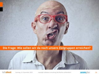 Die Frage: Wie sollen wir da noch unsere Zielgruppen erreichen?
Samstag, 14. November 2015 copyright talkabout consulting (alle Rechte vorbehalten) 11
 
