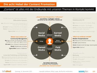 Die acht Hebel der Content Promotion
„Content“ ist alles mit der Endkunde mit unseren Themen in Kontakt kommt
Samstag, 14. November 2015 copyright talkabout, Mirko Lange, alle Rechte vorbehalten 113
Social
Media
Earned
Media
Owned
Media
Paid
Media
Dialog
Promoted
Content
Native
Advertising
Influencer
Relations
„Verstärkt man Owned Content“
„Gewinnt man Fürsprecher / Influencer“
 
