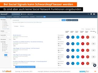 Bei Social Signals kann Schwarzkopf besser werden
Es sind aber auch keine Social Network Funktionen eingebunden
Samstag, 14. November 2015 copyright talkabout consulting (alle Rechte vorbehalten) 40
 