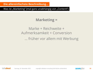 Samstag, 14. November 2015 copyright talkabout consulting (alle Rechte vorbehalten) 58
Marketing =
Marke + Reichweite +
Aufmerksamkeit + Conversion
Die allereinfachste Beschreibung…
… früher vor allem mit Werbung
Was ist „Marketing“ (mal ganz unabhängig von „Content“)
 