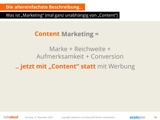 Samstag, 14. November 2015 copyright talkabout consulting (alle Rechte vorbehalten) 59
Marketing =
Marke + Reichweite +
Aufmerksamkeit + Conversion
Die allereinfachste Beschreibung…
Content
… früher vor allem mit Werbung.. jetzt mit „Content“ statt
Was ist „Marketing“ (mal ganz unabhängig von „Content“)
 
