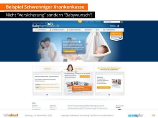 Beispiel Schwenniger Krankenkasse
Nicht “Versicherung” sondern “Babywunsch”!
Samstag, 14. November 2015 copyright talkabout consulting (alle Rechte vorbehalten) 93
 