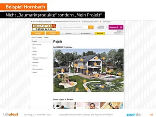 Beispiel Hornbach
Nicht „Baumarktprodukte“ sondern „Mein Projekt“
Samstag, 14. November 2015 copyright talkabout, Mirko Lange, alle Rechte vorbehalten 95
 