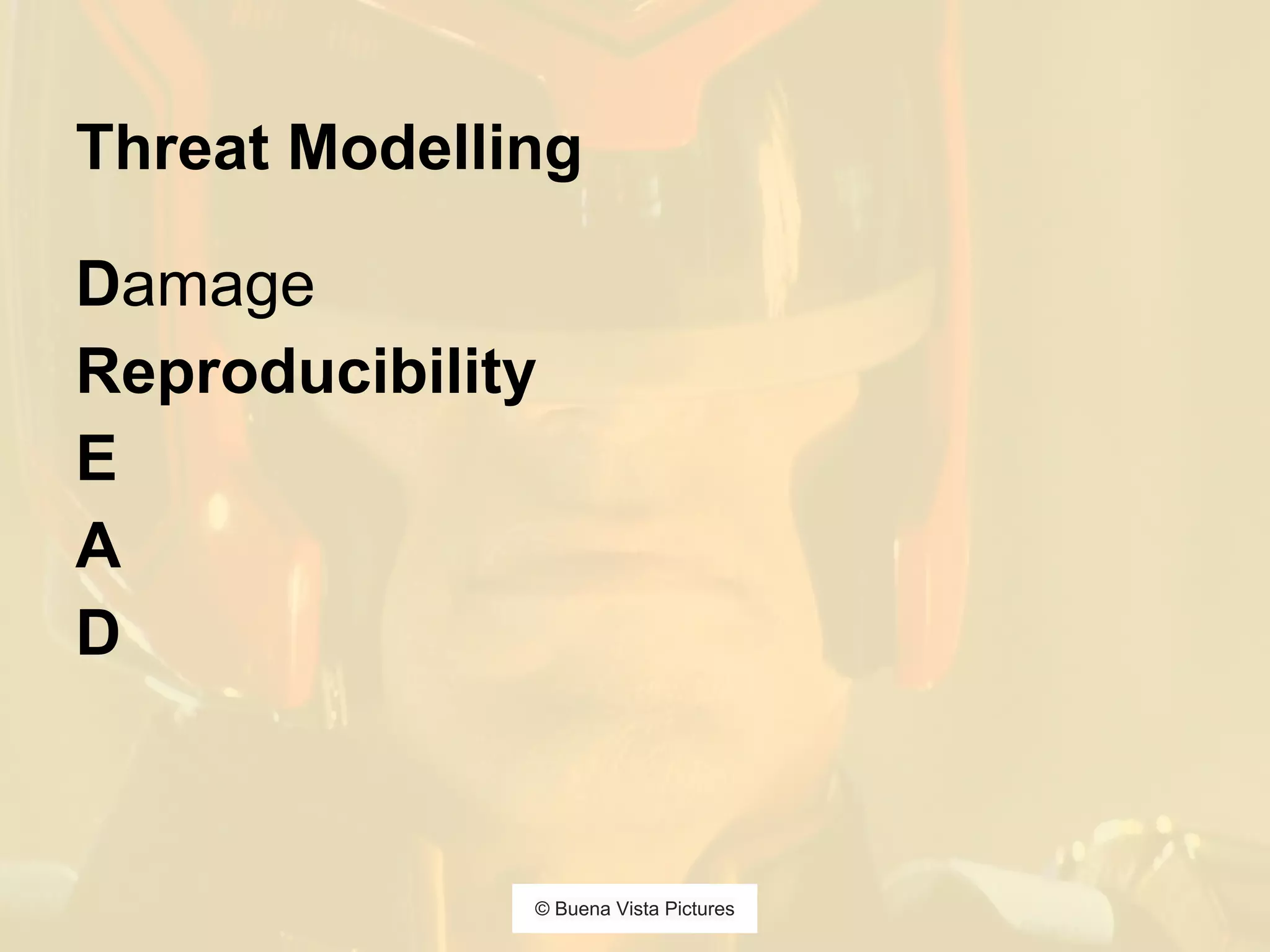 Threat Modelling
Damage
Reproducibility
E
A
D
© Buena Vista Pictures
 