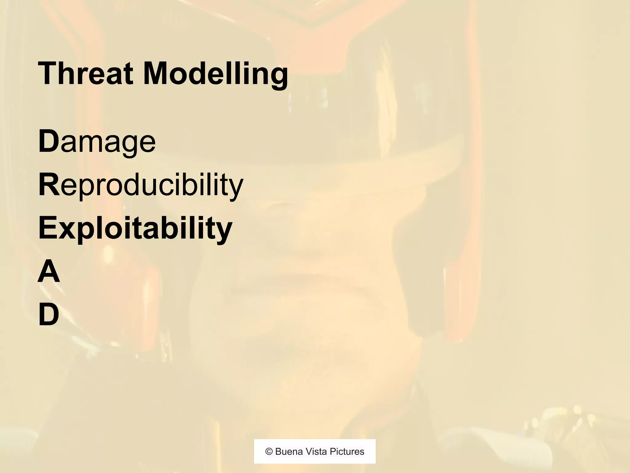 Threat Modelling
Damage
Reproducibility
Exploitability
A
D
© Buena Vista Pictures
 