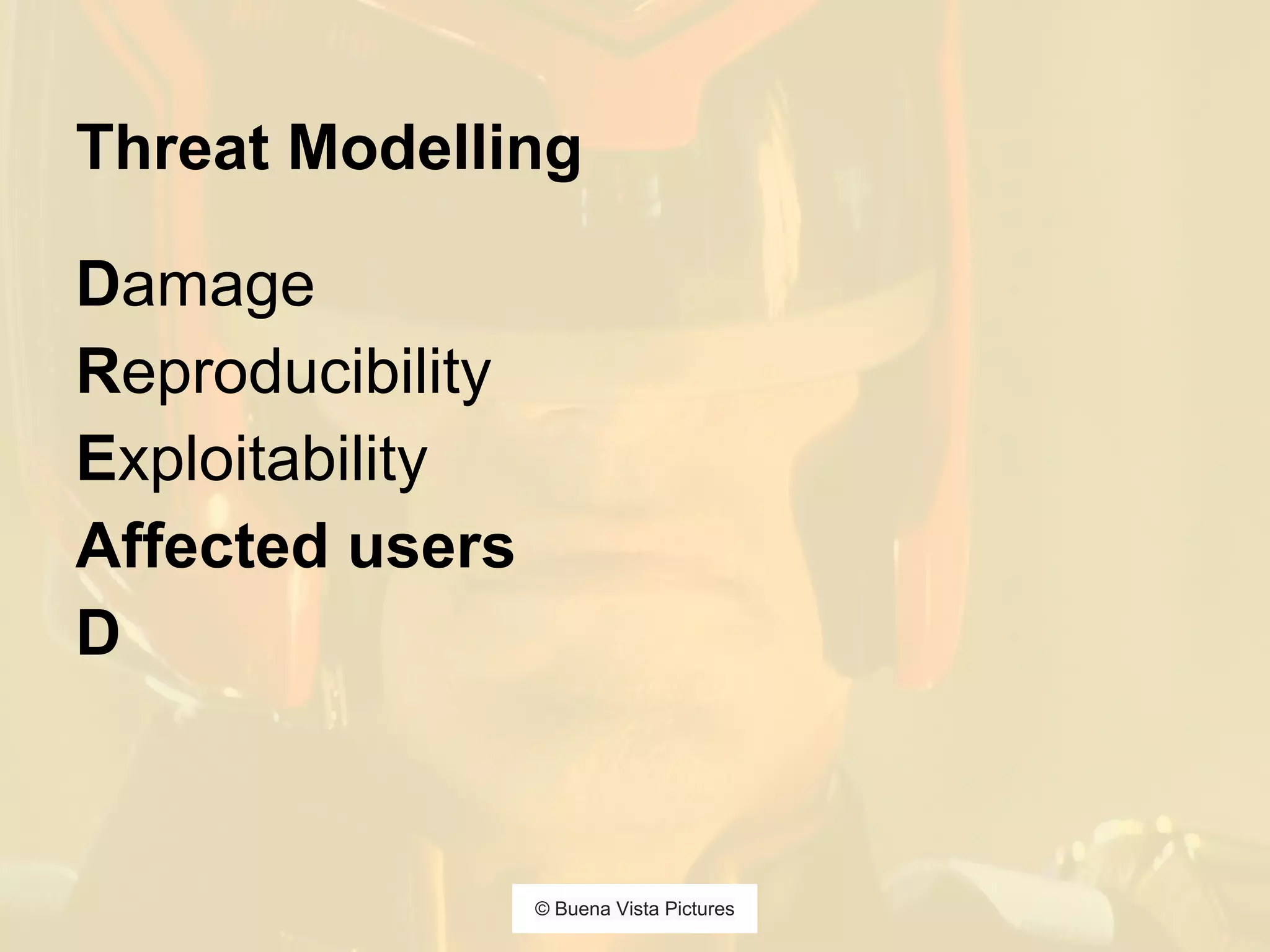 Threat Modelling
Damage
Reproducibility
Exploitability
Affected users
D
© Buena Vista Pictures
 