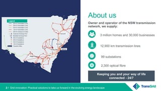 Grid innovation: the role of transmission in the evolving energy ecosystem2 /
About us
Owner and operator of the NSW transmission
network, we supply:
3 million homes and 30,000 businesses
12,900 km transmission lines
99 substations
2,300 optical fibre
Keeping you and your way of life
connected - 24/7
2 / Grid innovation: the role of transmission in the evolving energy ecosystemGrid innovation: Practical solutions to take us forward in the evolving energy landscape2 /
Legend
Sydney
 