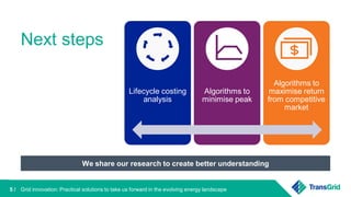 5 /
Next steps
We share our research to create better understanding
Lifecycle costing
analysis
Algorithms to
minimise peak
Algorithms to
maximise return
from competitive
market
Grid innovation: Practical solutions to take us forward in the evolving energy landscape
 
