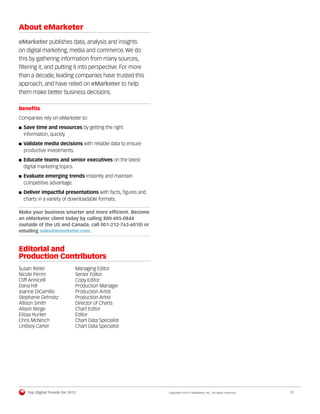 About eMarketer
eMarketer publishes data, analysis and insights
on digital marketing, media and commerce. We do
this by gathering information from many sources,
ﬁltering it, and putting it into perspective. For more
than a decade, leading companies have trusted this
approach, and have relied on eMarketer to help
them make better business decisions.

Beneﬁts
Companies rely on eMarketer to:
  Save time and resources by getting the right
  information, quickly.
  Validate media decisions with reliable data to ensure
  productive investments.
  Educate teams and senior executives on the latest
  digital marketing topics.
  Evaluate emerging trends instantly and maintain
  competitive advantage.
  Deliver impactful presentations with facts, ﬁgures and
  charts in a variety of downloadable formats.

Make your business smarter and more efﬁcient. Become
an eMarketer client today by calling 800-405-0844
(outside of the US and Canada, call 001-212-763-6010) or
emailing sales@emarketer.com.



Editorial and
Production Contributors
Susan Reiter                  Managing Editor
Nicole Perrin                 Senior Editor
Cliff Annicelli               Copy Editor
Dana Hill                     Production Manager
Joanne DiCamillo              Production Artist
Stephanie Gehrsitz            Production Artist
Allison Smith                 Director of Charts
Alison Berge                  Chart Editor
Elissa Hunter                 Editor
Chris McNinch                 Chart Data Specialist
Lindsey Carter                Chart Data Specialist




    Top Digital Trends for 2012                            Copyright ©2011 eMarketer, Inc. All rights reserved.   17
 
