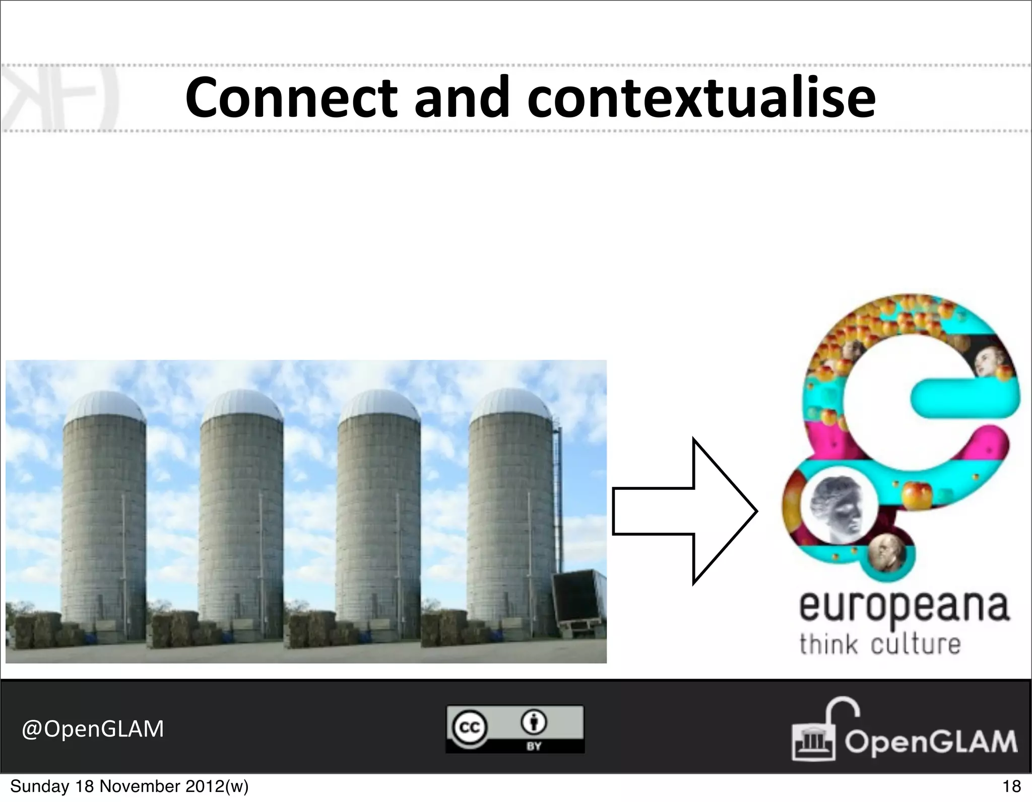 Connect	
  and	
  contextualise




 @OpenGLAM

Sunday 18 November 2012(w)                          18
 