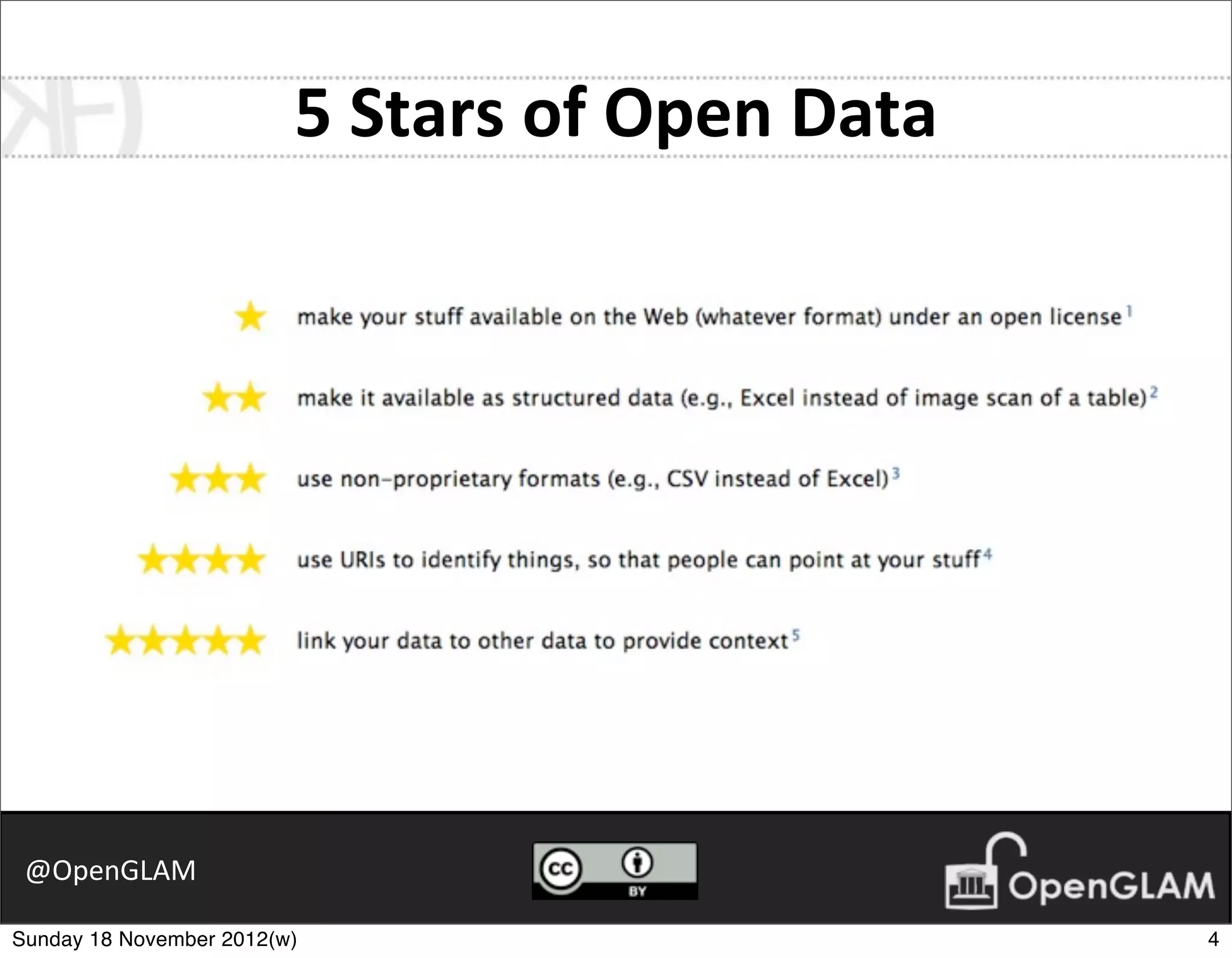 5	
  Stars	
  of	
  Open	
  Data




 @OpenGLAM

Sunday 18 November 2012(w)                                  4
 