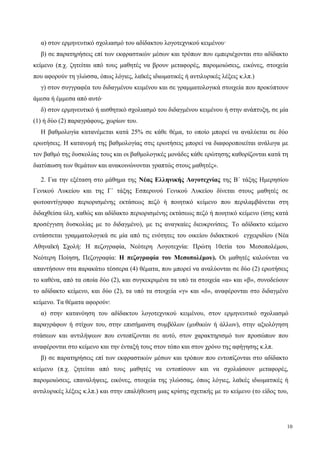 α) στον ερμηνευτικό σχολιασμό του αδίδακτου λογοτεχνικού κειμένου·
β) σε παρατηρήσεις επί των εκφραστικών μέσων και τρόπων που εμπεριέχονται στο αδίδακτο
κείμενο (π.χ. ζητείται από τους μαθητές να βρουν μεταφορές, παρομοιώσεις, εικόνες, στοιχεία
που αφορούν τη γλώσσα, όπως λόγιες, λαϊκές ιδιωματικές ή αντιλυρικές λέξεις κ.λπ.)
γ) στον συγγραφέα του διδαγμένου κειμένου και σε γραμματολογικά στοιχεία που προκύπτουν
άμεσα ή έμμεσα από αυτό·
δ) στον ερμηνευτικό ή αισθητικό σχολιασμό του διδαγμένου κειμένου ή στην ανάπτυξη, σε μία
(1) ή δύο (2) παραγράφους, χωρίων του.
Η βαθμολογία κατανέμεται κατά 25% σε κάθε θέμα, το οποίο μπορεί να αναλύεται σε δύο
ερωτήσεις. Η κατανομή της βαθμολογίας στις ερωτήσεις μπορεί να διαφοροποιείται ανάλογα με
τον βαθμό της δυσκολίας τους και οι βαθμολογικές μονάδες κάθε ερώτησης καθορίζονται κατά τη
διατύπωση των θεμάτων και ανακοινώνονται γραπτώς στους μαθητές».
2. Για την εξέταση στο μάθημα της Νέας Ελληνικής Λογοτεχνίας της Β΄ τάξης Ημερησίου
Γενικού Λυκείου και της Γ΄ τάξης Εσπερινού Γενικού Λυκείου δίνεται στους μαθητές σε
φωτοαντίγραφο περιορισμένης εκτάσεως πεζό ή ποιητικό κείμενο που περιλαμβάνεται στη
διδαχθείσα ύλη, καθώς και αδίδακτο περιορισμένης εκτάσεως πεζό ή ποιητικό κείμενο (ίσης κατά
προσέγγιση δυσκολίας με το διδαγμένο), με τις αναγκαίες διευκρινίσεις. Το αδίδακτο κείμενο
εντάσσεται γραμματολογικά σε μία από τις ενότητες του οικείου διδακτικού εγχειριδίου (Νέα
Αθηναϊκή Σχολή: Η πεζογραφία, Νεότερη Λογοτεχνία: Πρώτη 10ετία του Μεσοπολέμου,
Νεότερη Ποίηση, Πεζογραφία: H πεζογραφία του Μεσοπολέμου). Οι μαθητές καλούνται να
απαντήσουν στα παρακάτω τέσσερα (4) θέματα, που μπορεί να αναλύονται σε δύο (2) ερωτήσεις
το καθένα, από τα οποία δύο (2), και συγκεκριμένα τα υπό τα στοιχεία «α» και «β», συνοδεύουν
το αδίδακτο κείμενο, και δύο (2), τα υπό τα στοιχεία «γ» και «δ», αναφέρονται στο διδαγμένο
κείμενο. Τα θέματα αφορούν:
α) στην κατανόηση του αδίδακτου λογοτεχνικού κειμένου, στον ερμηνευτικό σχολιασμό
παραγράφων ή στίχων του, στην επισήμανση συμβόλων (μυθικών ή άλλων), στην αξιολόγηση
στάσεων και αντιλήψεων που εντοπίζονται σε αυτό, στον χαρακτηρισμό των προσώπων που
αναφέρονται στο κείμενο και την ένταξή τους στον τόπο και στον χρόνο της αφήγησης κ.λπ.
β) σε παρατηρήσεις επί των εκφραστικών μέσων και τρόπων που εντοπίζονται στο αδίδακτο
κείμενο (π.χ. ζητείται από τους μαθητές να εντοπίσουν και να σχολιάσουν μεταφορές,
παρομοιώσεις, επαναλήψεις, εικόνες, στοιχεία της γλώσσας, όπως λόγιες, λαϊκές ιδιωματικές ή
αντιλυρικές λέξεις κ.λπ.) και στην επαλήθευση μιας κρίσης σχετικής με το κείμενο (το είδος του,
10
 