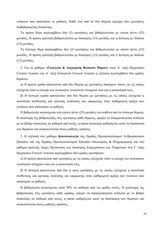 γνώσεων που απέκτησαν οι μαθητές. Κάθε ένα από τα δύο θέματα περιέχει δύο ερωτήσεις
διαβαθμισμένης δυσκολίας.
Το πρώτο θέμα περιλαμβάνει δύο (2) ερωτήσεις και βαθμολογείται με είκοσι πέντε (25)
μονάδες. Η πρώτη ερώτηση βαθμολογείται με δεκατρείς (13) μονάδες και η δεύτερη με δώδεκα
(12) μονάδες.
Το δεύτερο θέμα περιλαμβάνει δύο (2) ερωτήσεις και βαθμολογείται με είκοσι πέντε (25)
μονάδες. Η πρώτη ερώτηση βαθμολογείται με δεκατρείς (13) μονάδες και η δεύτερη με δώδεκα
(12) μονάδες.
2. Για το μάθημα «Γεωλογία & Διαχείριση Φυσικών Πόρων» στην Α΄ τάξη Ημερησίου
Γενικού Λυκείου και Α΄ τάξη Εσπερινού Γενικού Λυκείου η εξέταση περιλαμβάνει δύο ομάδες
θεμάτων:
α) Η πρώτη ομάδα αποτελείται από δύο θέματα με ερωτήσεις διαφόρων τύπων, με τις οποίες
ελέγχεται τόσο η κατοχή των αναγκαίων γνωστικών στοιχείων όσο και η κατανόησή τους.
β) Η δεύτερη ομάδα αποτελείται από δύο θέματα με ερωτήσεις με τις οποίες ελέγχεται η
ικανότητα συνθετικής και κριτικής ανάλυσης και εφαρμογής στην καθημερινή πράξη των
γνώσεων που απέκτησαν οι μαθητές.
Η βαθμολογία κατανέμεται ανά είκοσι πέντε (25) μονάδες στο καθένα από τα τέσσερα θέματα.
Η κατανομή της βαθμολογίας στις ερωτήσεις κάθε θέματος, μπορεί να διαφοροποιείται ανάλογα
με το βαθμό δυσκολίας σε καθεμία από αυτές, η οποία κατανομή καθορίζεται κατά τη διατύπωση
των θεμάτων και ανακοινώνεται στους μαθητές γραπτώς.
3. Η εξέταση στο μάθημα Κοινωνιολογία της Ομάδας Προσανατολισμού Ανθρωπιστικών
Σπουδών και της Ομάδας Προσανατολισμού Σπουδών Οικονομίας & Πληροφορικής και στο
μάθημα επιλογής Αρχές Οργάνωσης και Διοίκησης Επιχειρήσεων και Υπηρεσιών στη Γ΄ τάξη
Ημερησίου Γενικού Λυκείου περιλαμβάνει δύο ομάδες ερωτήσεων:
α) Η πρώτη αποτελείται από ερωτήσεις με τις οποίες ελέγχεται τόσο η κατοχή των αναγκαίων
γνωστικών στοιχείων όσο και η κατανόησή τους.
β) Η δεύτερη αποτελείται από δύο ή τρεις ερωτήσεις με τις οποίες ελέγχεται η ικανότητα
συνθετικής και κριτικής ανάλυσης και εφαρμογής στην καθημερινή πράξη των γνώσεων που
απέκτησαν οι μαθητές.
Η βαθμολογία κατανέμεται κατά 50% σε καθεμία από τις ομάδες αυτές. Η κατανομή της
βαθμολογίας στις ερωτήσεις κάθε ομάδας, μπορεί να διαφοροποιείται ανάλογα με το βαθμό
δυσκολίας σε καθεμία από αυτές, η οποία καθορίζεται κατά τη διατύπωση των θεμάτων και
ανακοινώνεται στους μαθητές γραπτώς.
20
 