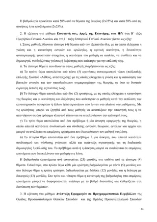 Η βαθμολογία προκύπτει κατά 50% από τα θέματα της θεωρίας (2x25%) και κατά 50% από τις
ασκήσεις ή τα προβλήματα (2x25%).
2. Η εξέταση στο μάθημα Εισαγωγή στις Αρχές της Επιστήμης των Η/Υ στη Β΄ τάξη
Ημερησίου Γενικού Λυκείου και στη Γ΄ τάξη Εσπερινού Γενικού Λυκείου γίνεται ως εξής:
i. Στους μαθητές δίνονται τέσσερα (4) θέματα από την εξεταστέα ύλη, με τα οποία ελέγχεται η
γνώση και η κατανόηση εννοιών και ορολογίας, η κριτική ικανότητα, η δυνατότητα
αναπαραγωγής γνωστικών στοιχείων, η ικανότητα του μαθητή να αναλύει, να συνθέτει και να
δημιουργεί, συνδυάζοντας γνώσεις ή δεξιότητες που απέκτησε για την επίλυσή τους.
ii. Τα τέσσερα θέματα που δίνονται στους μαθητές διαρθρώνονται ως εξής:
α) Το πρώτο θέμα αποτελείται από πέντε (5) ερωτήσεις αντικειμενικού τύπου (πολλαπλής
επιλογής, Σωστού -Λάθους, αντιστοίχισης) με τις οποίες ελέγχεται η γνώση και η κατανόηση των
βασικών εννοιών και των σπουδαιότερων συμπερασμάτων της θεωρίας σε όσο το δυνατόν
ευρύτερη έκταση της εξεταστέας ύλης.
β) Το δεύτερο θέμα αποτελείται από δύο (2) ερωτήσεις, με τις οποίες ελέγχεται η κατανόηση
της θεωρίας και οι ικανότητες και δεξιότητες που απέκτησαν οι μαθητές κατά την εκτέλεση των
εργαστηριακών ασκήσεων ή άλλων δραστηριοτήτων που έγιναν στο πλαίσιο του μαθήματος. Με
τις ερωτήσεις μπορεί να ζητηθεί από τους μαθητές να αναπτύξουν την απάντησή τους ή να
απαντήσουν σε ένα ερώτημα κλειστού τύπου και να αιτιολογήσουν την απάντησή τους.
γ) Το τρίτο θέμα αποτελείται από ένα πρόβλημα ή μία άσκηση εφαρμογής της θεωρίας, η
οποία απαιτεί ικανότητα συνδυασμού και σύνθεσης εννοιών, θεωριών, εντολών και αρχών και
μπορεί να αναλύεται σε επιμέρους ερωτήματα που διευκολύνουν τον μαθητή στη λύση.
δ) Το τέταρτο θέμα αποτελείται από ένα πρόβλημα ή μία άσκηση, που απαιτεί ικανότητα
συνδυασμού και σύνθεσης γνώσεων, αλλά και ανάπτυξη στρατηγικής για τη διαδικασία
δημιουργίας ή επίλυσής του. Tο πρόβλημα αυτό ή η άσκηση μπορεί να αναλύονται σε επιμέρους
ερωτήματα που διευκολύνουν τον μαθητή στη λύση.
Η βαθμολογία κατανέμεται ανά εικοσιπέντε (25) μονάδες στο καθένα από τα τέσσερα (4)
θέματα. Ειδικότερα, στο πρώτο θέμα κάθε μία ερώτηση βαθμολογείται με πέντε (5) μονάδες και
στο δεύτερο θέμα η πρώτη ερώτηση βαθμολογείται με δώδεκα (12) μονάδες και η δεύτερη με
δεκατρείς (13) μονάδες. Στο τρίτο και τέταρτο θέμα η κατανομή της βαθμολογίας στα επιμέρους
ερωτήματα μπορεί να διαφοροποιείται ανάλογα με το βαθμό δυσκολίας και καθορίζεται στη
διατύπωση των θεμάτων.
3. Η εξέταση στο μάθημα Ανάπτυξη Εφαρμογών σε Προγραμματιστικό Περιβάλλον της
Ομάδας Προσανατολισμού Θετικών Σπουδών και της Ομάδας Προσανατολισμού Σπουδών
24
 