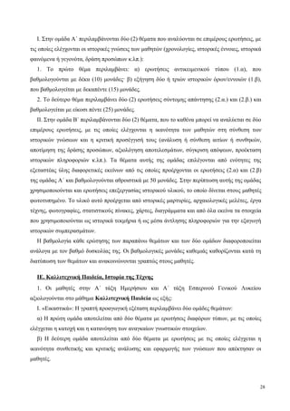 Ι. Στην ομάδα Α΄ περιλαμβάνονται δύο (2) θέματα που αναλύονται σε επιμέρους ερωτήσεις, με
τις οποίες ελέγχονται οι ιστορικές γνώσεις των μαθητών (χρονολογίες, ιστορικές έννοιες, ιστορικά
φαινόμενα ή γεγονότα, δράση προσώπων κ.λπ.):
1. Το πρώτο θέμα περιλαμβάνει: α) ερωτήσεις αντικειμενικού τύπου (1.α), που
βαθμολογούνται με δέκα (10) μονάδες· β) εξήγηση δύο ή τριών ιστορικών όρων/εννοιών (1.β),
που βαθμολογείται με δεκαπέντε (15) μονάδες.
2. Το δεύτερο θέμα περιλαμβάνει δύο (2) ερωτήσεις σύντομης απάντησης (2.α.) και (2.β.) και
βαθμολογείται με είκοσι πέντε (25) μονάδες.
ΙΙ. Στην ομάδα Β΄ περιλαμβάνονται δύο (2) θέματα, που το καθένα μπορεί να αναλύεται σε δύο
επιμέρους ερωτήσεις, με τις οποίες ελέγχονται η ικανότητα των μαθητών στη σύνθεση των
ιστορικών γνώσεων και η κριτική προσέγγισή τους (ανάλυση ή σύνθεση αιτίων ή συνθηκών,
αποτίμηση της δράσης προσώπων, αξιολόγηση αποτελεσμάτων, σύγκριση απόψεων, προέκταση
ιστορικών πληροφοριών κ.λπ.). Τα θέματα αυτής της ομάδας επιλέγονται από ενότητες της
εξεταστέας ύλης διαφορετικές εκείνων από τις οποίες προέρχονται οι ερωτήσεις (2.α) και (2.β)
της ομάδας Α΄ και βαθμολογούνται αθροιστικά με 50 μονάδες. Στην περίπτωση αυτής της ομάδας
χρησιμοποιούνται και ερωτήσεις επεξεργασίας ιστορικού υλικού, το οποίο δίνεται στους μαθητές
φωτοτυπημένο. Το υλικό αυτό προέρχεται από ιστορικές μαρτυρίες, αρχαιολογικές μελέτες, έργα
τέχνης, φωτογραφίες, στατιστικούς πίνακες, χάρτες, διαγράμματα και από όλα εκείνα τα στοιχεία
που χρησιμοποιούνται ως ιστορικά τεκμήρια ή ως μέσα άντλησης πληροφοριών για την εξαγωγή
ιστορικών συμπερασμάτων.
Η βαθμολογία κάθε ερώτησης των παραπάνω θεμάτων και των δύο ομάδων διαφοροποιείται
ανάλογα με τον βαθμό δυσκολίας της. Οι βαθμολογικές μονάδες καθεμιάς καθορίζονται κατά τη
διατύπωση των θεμάτων και ανακοινώνονται γραπτώς στους μαθητές.
ΙΕ. Καλλιτεχνική Παιδεία, Ιστορία της Τέχνης
1. Οι μαθητές στην Α΄ τάξη Ημερήσιου και Α΄ τάξη Εσπερινού Γενικού Λυκείου
αξιολογούνται στο μάθημα Καλλιτεχνική Παιδεία ως εξής:
Ι. «Εικαστικά»: H γραπτή προαγωγική εξέταση περιλαμβάνει δύο ομάδες θεμάτων:
α) Η πρώτη ομάδα αποτελείται από δύο θέματα με ερωτήσεις διαφόρων τύπων, με τις οποίες
ελέγχεται η κατοχή και η κατανόηση των αναγκαίων γνωστικών στοιχείων.
β) Η δεύτερη ομάδα αποτελείται από δύο θέματα με ερωτήσεις με τις οποίες ελέγχεται η
ικανότητα συνθετικής και κριτικής ανάλυσης και εφαρμογής των γνώσεων που απέκτησαν οι
μαθητές.
28
 