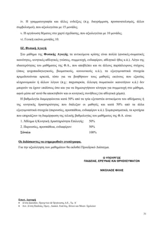 iv. Η γραμματογραφία και άλλες ενδείξεις (π.χ. διαγράμμιση, προσανατολισμός, άλλοι
συμβολισμοί), που αξιολογείται με 15 μονάδες.
v. Η οργάνωση θέματος στο χαρτί σχεδίασης, που αξιολογείται με 10 μονάδες.
vi. Γενική εικόνα μονάδες 10.
ΙΖ. Φυσική Αγωγή
Στο μάθημα της Φυσικής Αγωγής τα αντικείμενα κρίσης είναι πολλά (φυσικές-σωματικές
ικανότητες, κινητικές-αθλητικές γνώσεις, συμμετοχή, ενδιαφέρον, αθλητικό ήθος κ.ά.). Λόγω της
ιδιαιτερότητας του μαθήματος της Φ.Α., που αποβλέπει και σε άλλους παράπλευρους στόχους
(όπως ψυχοπαιδαγωγικούς, βιωματικούς, κοινωνικούς κ.ά.), τα εξωγυμναστικά στοιχεία
πριμοδοτούνται αρκετά, τόσο για να βοηθήσουν τους μαθητές εκείνους που εξαιτίας
κληρονομικών ή άλλων λόγων (π.χ.: παχυσαρκία, έλλειψη σωματικών ικανοτήτων κ.ά.) δεν
μπορούν να έχουν επιδόσεις όσο και για να δημιουργήσουν κίνητρα για συμμετοχή στο μάθημα,
αφού μέσα απ' αυτό θα αποκτηθούν και οι κινητικές συνήθειες (τα αθλητικά χόμπι).
Η βαθμολογία διαμορφώνεται κατά 50% από τα τρία εξεταστέα αντικείμενα του αθλήματος ή
της κινητικής δραστηριότητας που διάλεξαν οι μαθητές και κατά 50% από τα άλλα
εξωγυμναστικά στοιχεία (παρουσίες, προσπάθεια, ενδιαφέρον κ.ά.). Συμπερασματικά, τα κριτήρια
που επηρεάζουν τη διαμόρφωση της τελικής βαθμολογίας του μαθήματος της Φ.Α. είναι:
1. Άθλημα ή Κινητική Δραστηριότητα Επιλογής: 50%
2. Παρουσίες, προσπάθεια, ενδιαφέρον: 50%
Σύνολο 100%
Οι διδάσκοντες να ενημερωθούν ενυπόγραφα.
Για την αξιολόγηση των μαθημάτων θα εκδοθεί Προεδρικό Διάταγμα.
Εσωτ. Διανομή
• Δ/νση Σπουδών, Προγρ/των & Οργάνωσης Δ.Ε., Τμ. Α΄
• Αυτ. Δ/νση Παιδείας, Ομογ., Διαπολ. Εκπ/σης, Ξένων και Μειον. Σχολείων
31
Ο ΥΠΟΥΡΓΟΣ
ΠΑΙΔΕΙΑΣ, ΕΡΕΥΝΑΣ ΚΑΙ ΘΡΗΣΚΕΥΜΑΤΩΝ
ΝΙΚΟΛΑΟΣ ΦΙΛΗΣ
 