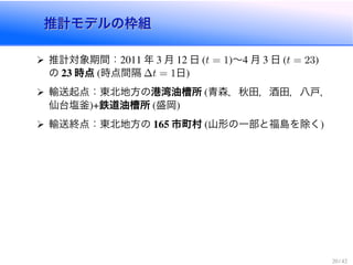 推計モデルの枠組推計モデルの枠組
推計対象期間： 年 月 日 t = 1 ∼ 月 日 t = 23
の 時点 時点間隔 t = 1日
輸送起点：東北地方の港湾油槽所 青森，秋田，酒田，八戸，
仙台塩釜 鉄道油槽所 盛岡
輸送終点：東北地方の 市町村 山形の一部と福島を除く
 