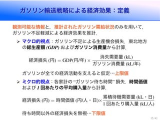 ガソリン輸送戦略による経済効果：定義ガソリン輸送戦略による経済効果：定義
観測可能な情報と，推計されたガソリン需給状況のみを用いて，
ガソリン不足軽減による経済効果を推計．
マクロ的視点：ガソリン不足による生産機会損失．東北地方
の総生産額 およびガソリン消費量から計算．
経済損失 円 = 円 年 ⇥
消失需要量
ガソリン消費量 年
ガソリンが全ての経済活動を支えると仮定…上限値
ミクロ的視点：各家計の ガソリン待ち時間 損失．時間価値
および 回あたりの平均購入量から計算．
経済損失 円 = 時間価値 円 人・日 ⇥
累積待機需要量 ・日
回あたり購入量 人
待ち時間以外の経済損失を無視…下限値
 