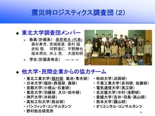 6
震災時ロジスティクス調査団 (２)
東北大学調査団メンバー
教員（計画系）： 桑原雅夫 (代表)
森杉寿芳，宮城俊彦，奥村 誠
赤松 隆， 河野達仁，平野勝也
福本潤也，井上 亮， 大窪和明
学生（計画系有志） → → →
他大学・民間企業からの協力チーム
・ 東北工業大学（稲村研，菊池・青木研） ・ 秋田大学（浜岡研）
・ 日本大学（福田・西垣研，轟研） ・ 千葉工業大学（赤羽研，佐藤研）
・ 首都大学（小根山・石倉研） ・ 電気通信大学（長江研）
・ 東京大学（羽藤研，大口・田中研） ・ 名古屋大学（中村・浅野研）
・ 神戸大学（井料研） ・ 愛媛大学（吉井・羽鳥・高山研）
・ 高知工科大学（熊谷研） ・ 熊本大学（圓山研）
・ パシフィック・コンサルタンツ ・ オリエンタル・コンサルタンツ
・ 野村総合研究所
 