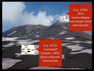 O.a. 2020:
30%
hoorcolleges
vervangen door
kennisclips
O.a. 2016:
Formatief
toetsen, SRS,
Back channel,
kennisclips
 
