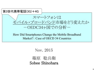 スマートフォンは
モバイル・ブロードバンド市場をどう変えたか
－OEDC34ヶ国での分析－
How Did Smartphones Change the Mobile Broadband
Market?： Case of OECD 34 Countries
0
Nov. 2015
篠原 聡兵衛
Sobee Shinohara
第3世代携帯電話(3G)＋4G
 
