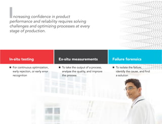 ncreasing confidence in product
performance and reliability requires solving
challenges and optimizing processes at every
stage of production.
In-situ testing
n	 For continuous optimization,
early rejection, or early error
recognition
Ex-situ measurements
n	 To take the output of a process,
analyze the quality, and improve
the process
Failure forensics
n	 To isolate the failure,
identify the cause, and find
a solution
 