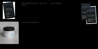 INTENS REHEB OS СО2 Аnti – Age control
soothing.
(Для возрастной кожи).
Регулирует обменные процессы, активизирует насыщения
клеток кожи атомарным кислородом. Комплексное взаимо-
действие пептидов и активных компонентов, входящих в со-
став этой маски, запускает стимуляцию синтеза коллагена,
что, в свою очередь, приводит в действие запуск физиологи-
ческого механизма укрепления структурного каркаса кожи и
выраженный лифтинг эффект.
HYALO – НYDRO OPTMAL GEL
Препарат, проявляет великолепные увлажняющие свойства,
препятствуя дегидратации кожи, а его выраженные лубри-
кантные(контактные) свойства — следствие отличной про-
никающей способности и абсолютной биосовместимости
с эпидермисом. Залогом интенсивного пролонгированного
увлажняющего эффекта является комбинированное приме-
нение сукцинат хитозана и Sodium acetyl hyaluronate, имею-
щего «якорную» структуру молекулы, что способствует более
устойчивой адгезии к роговому слою. Входящий в состав
гидролизированный фосфатидилхолин, самопроизвольно
образует бислои, не только не нарушает функции и гомео-
стаз липидного барьера, но, встраиваясь в него и заполняя
поврежденные участки, восстанавливает защитную липид-
ную мантию.
Ingridients; Deionized aqua, Sodium Polyglutemate, Hyaluronic
acid, Cetearyl Candellilate, Hexylene Glycol, Collagen, Glycine,
Fructose, Imidazolidinyl Urea, Lactic Acid, Ceramide, Hitosan,
Ethylcellulose, Methyl Paraben, Propyl Paraben, Natural Fragrance.
Объем 335мл.
Vektor Lifting мask
(Hexapeptide-9 & Prezatide Copper Acetate&Acetyl
Tetrapeptide-11, Kombuchka)
Вектор – лифтинговая контакт-маска, применяется для устра-
нения и профилактики провисания кожи. Активные компоненты
этого препарата, с применением контакт методики (активного ко-
роткого лимфа дренажного массажа), формируют своеобразный
внутрикожный каркас, который стягивает, подтягивает и поддер-
живает кожу. Результат - подтянутая и сияющая кожа, молодое
лицо.
Синергичное взаимодействие пептидов и активных компонен-
тов, входящих в состав этой маски, запускает стимуляцию син-
теза коллагена, что, в свою очередь, приводит в действие запуск
физиологического механизма укрепления структурного каркаса
кожи.
При регулярном применение препарата ремоделируется контур
лица, значительно улучшается структура и рельеф кожи.
Hexapeptide-9 уникален по своей способности вызывать реге-
нерацию, как эпидермиса, так и дермы. Он представляет собой
пептид, который быстро и глубоко проникая в дерму восстанав-
ливает поврежденные клетки. Он играет роль посредника в кол-
лагене, специфичном для дермо-эпидермального соединения
(ДЭС), который быстро вызывает регенерацию поврежденных
клеток кожи.
Acetyl Tetrapeptide-11 cтимулирует в эпидермисе синтез синдекана-1 (малый протеогликан) и коллагена XVII
типа (основной белок хемидесмосом) — компонентов, необходимых для нормального дерматоэпидермаль-
ного соединения.
Prezatide Copper Acetate Укрепляет собственную антиоксидантную систему кожи. Медь необходима для
работы ферментов, участвующих в построении дермального матрикса. Результатом комплексного воздей-
ствия будет ремоделирование матрикса в сторону его «омоложения».
Saccharomyces/Xylinum Black Tea Ferment (Комбучка). Продукт ферментации сладкого черного чая двумя
микроорганизмами-симбионтами: дрожжеподобными грибами Saccharomyces и бактериями Xylinum.
Имеет ярко выраженный лифтинг-эффект, повышает эластичность и упругость кожи, придает коже сияние,
здоровый и «отдохнувший» вид.
Объем саше 5мл.
 