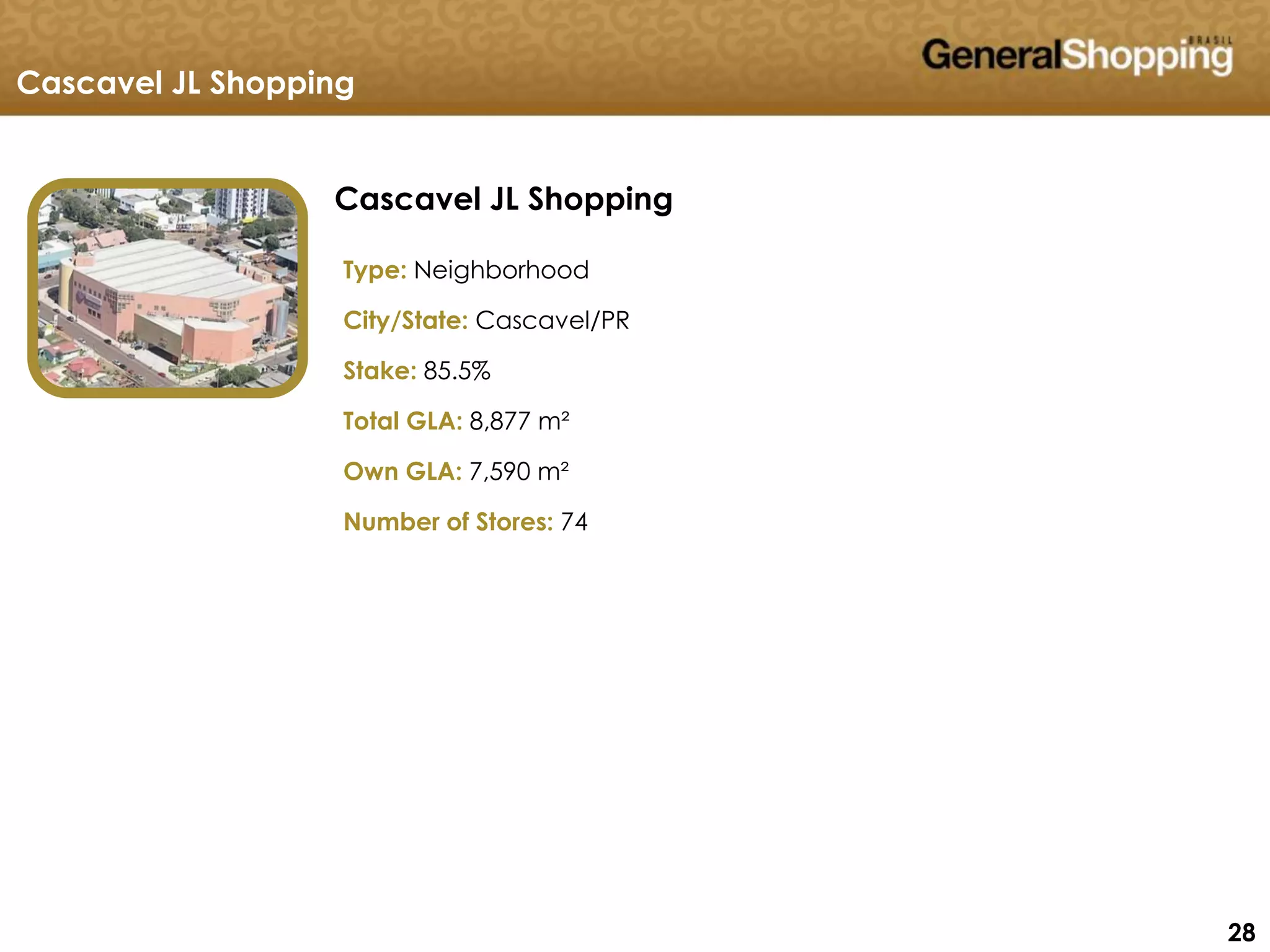 282828
Cascavel JL Shopping
Type: Neighborhood
City/State: Cascavel/PR
Stake: 85.5%
Total GLA: 8,877 m²
Own GLA: 7,590 m²
Number of Stores: 74
Cascavel JL Shopping
 