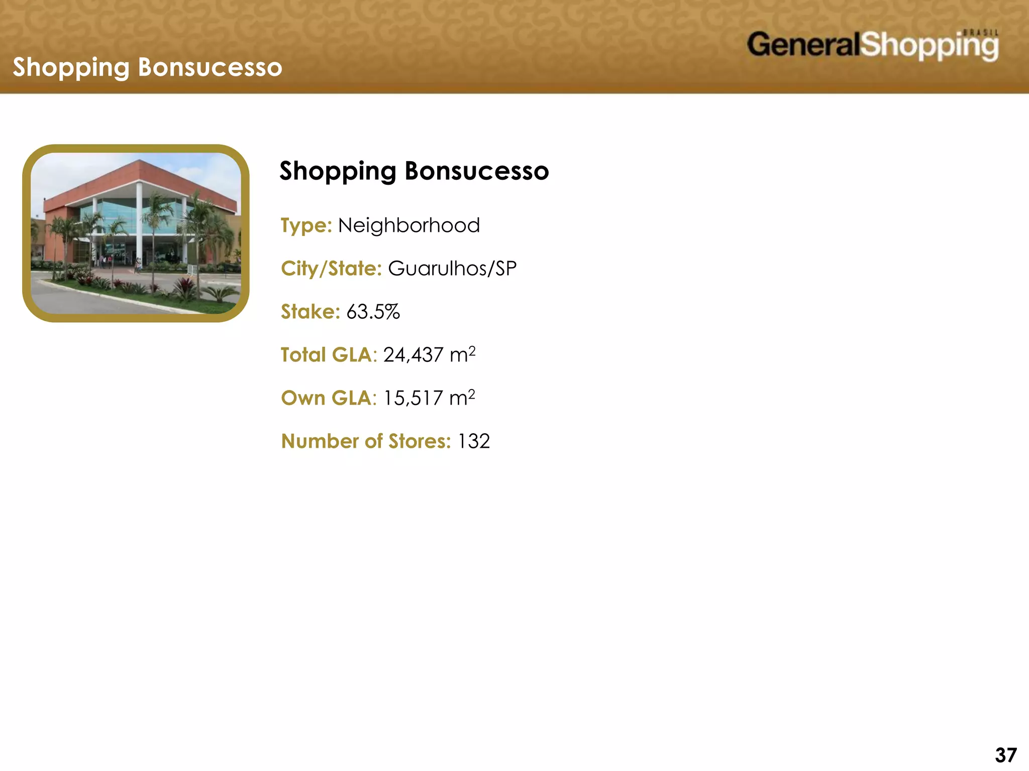 373737
Shopping Bonsucesso
Shopping Bonsucesso
Type: Neighborhood
City/State: Guarulhos/SP
Stake: 63.5%
Total GLA: 24,437 m2
Own GLA: 15,517 m2
Number of Stores: 132
 