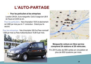 35
L’AUTO-PARTAGE
 Pour les particuliers et les entreprises
Location 24h/24, d’une marguerite. Coût à l’usage de 4,90 €
de l’heure et 0,49 € du km.
Pour les entreprises : frais d’inscription 300 € et Pass nominatif
1,90€ par mois ou Pass multiconducteurs 19,90 € par mois.
Pour les particuliers : frais d’inscription 100 € et abonnement
de 9,90€ par mois pour le 1er
conducteur . Gratuit pour le
second.
Marguerite voiture en libre service
comprend 24 stations et 29 véhicules.
Fin 2014 près de 800 cartes en circulation et
plus de 600 locations par mois.
 