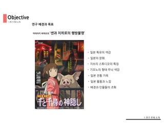 Objective
미야자키 하야오의 ‘센과 치히로의 행방불명’
• 일본 특유의 색감
• 일본의 문화
• 지브리 스튜디오의 특징
• 기모노의 형태 무늬 색감
• 일본 전통 가옥
• 일본 물품과 느낌
연구 배경과 목표
• 배경과 인물들의 조화
1.연구 주제 소개
1.연구 주제 소개
 