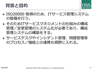 設定済テンプレート
l エンタープライズITサービス管理に必要なデータモデル、ワークフロー、
レポート、ダッシュボードが、設定済みのテンプレート
l 有償オプション
l セルフサービスポータル（Liferay）
l Microsoft Active Directoryコネクタ（ユーザデータの同期）
l インベントリ収集コネクタ（インベントリ⾃動収集と同期）
l VMware vCenterコネクタ（VM情報の同期）
l モバイル対応（iOS>=6, Android>=4.0.3）
2017/6/26 Copyright 2017(C) OSS Laboratories Inc. All Rights Reserved 45
サービス戦略 サービス設計 サービス移⾏ サービス運⽤ 継続的改善
財務管理 サービスカタログ管理 変更管理 イベント管理 7ステップ改善
需要管理 サービスレベル管理 資産構成管理 インシデント管理 サービス測定
ポートフォリオ管理 キャパシティ管理 ナレッジ管理 リクエスト対応 サービスレポート
可⽤性管理 移⾏計画／⽀援 アクセス管理
サービス継続性管理 リリースデプロイ管理 問題管理
セキュリティ管理
サービスバリデーショ
ン／テスト
サービスデスク
サプライヤ管理 評価 技術管理
アプリケーション管理
オペレーション管理
 