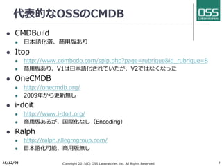 代表的なOSSのCMDB
l CMDBuild
l ⽇本語化済、商⽤版あり
l Itop
l http://www.combodo.com/spip.php?page=rubrique&id_rubrique=8
l 商⽤版あり、V1は⽇本語化されていたが、V2ではなくなった
l OneCMDB
l http://onecmdb.org/
l 2009年から更新無し
l i-doit
l http://www.i-doit.org/
l 商⽤版あるが、国際化なし（Encoding）
l Ralph
l http://ralph.allegrogroup.com/
l ⽇本語化可能、商⽤版無し
l GLPI
l http://glpi-project.org/
l ⽇本語化可能、商⽤版無し
2017/6/26 Copyright 2017(C) OSS Laboratories Inc. All Rights Reserved 9
 