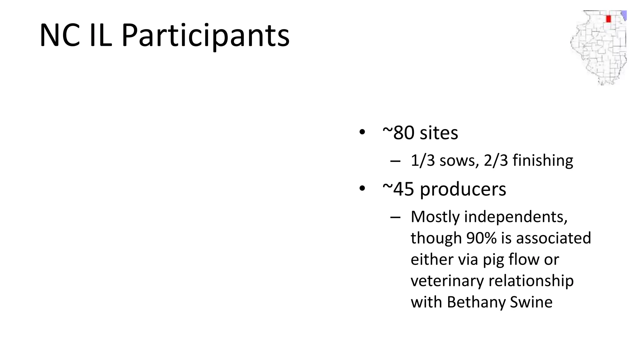 NC IL Participants
• ~80 sites
– 1/3 sows, 2/3 finishing
• ~45 producers
– Mostly independents,
though 90% is associated
either via pig flow or
veterinary relationship
with Bethany Swine
 